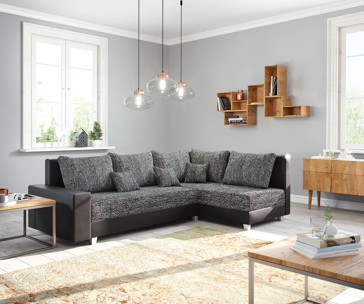 DELIFE Ecksofa Panama Schwarz Ottomane rechts Modulsofa, Ecksofas