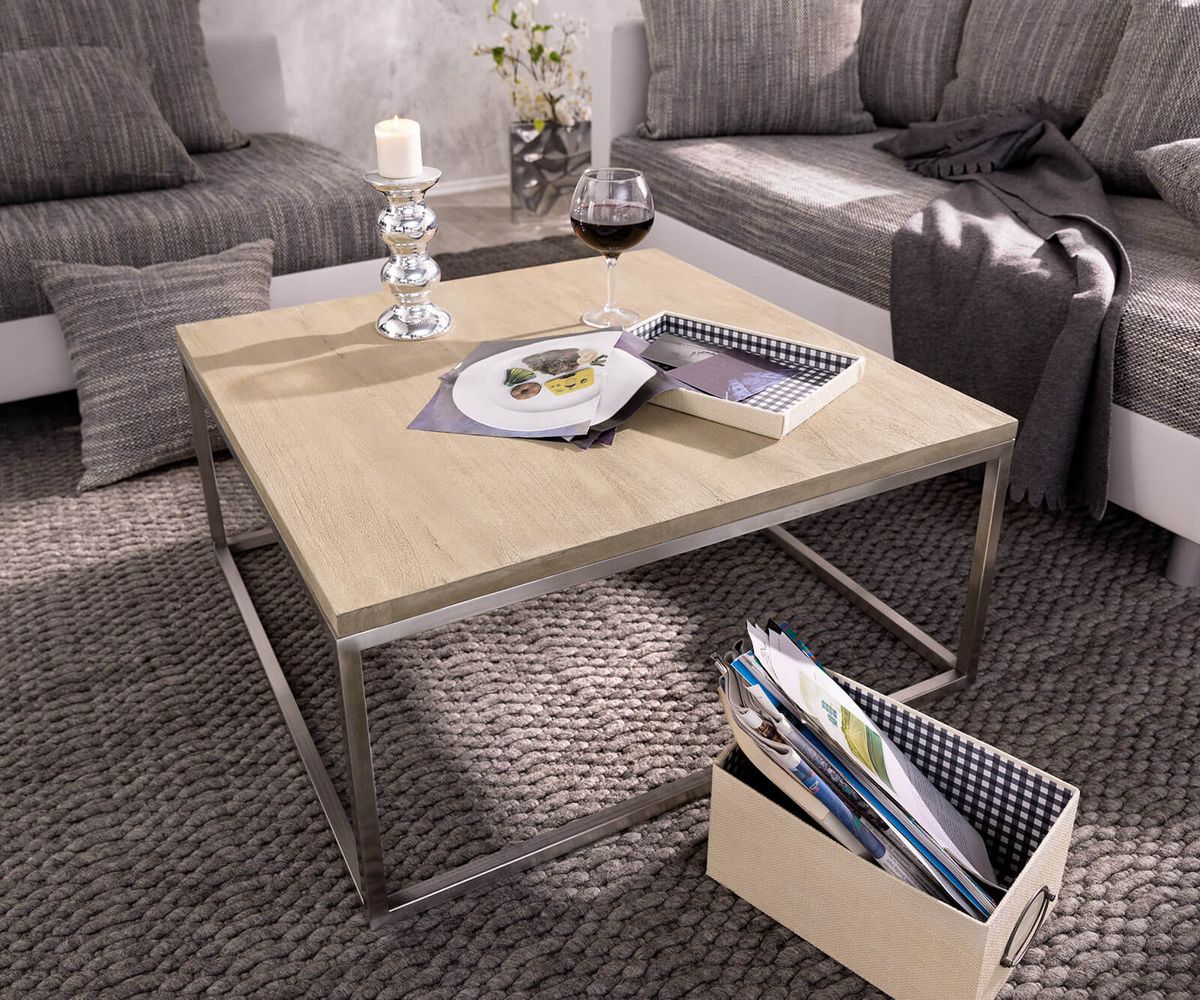 DELIFE Couchtisch Tatius 80x80 Akazie Champagner Gestell Edelstahl Industrial Style, Couchtische