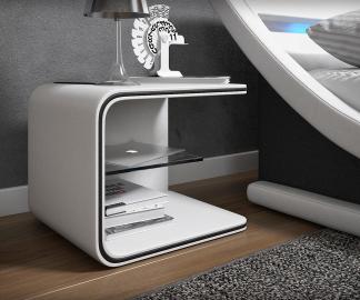 DELIFE Nachttisch Oscar 52x40 cm Weiss mit LED und Glasablage, Nachttische