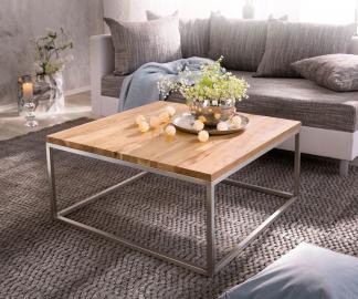 DELIFE Couchtisch Tatius 80x80 Akazie Natur Gestell Edelstahl Industrial Style, Couchtische