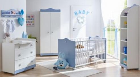 TICAA Babyzimmer Prinz, 5-tlg. (Kinderbett inkl. Lattenrost, Wickelkommode, Wandregal, Standregal, Kleiderschrank 2-trg.) blau Gr. 70 x 140