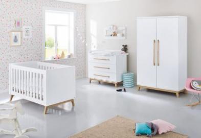 Pinolino Komplett Kinderzimmer RIVA, 3-tlg. (Kinderbett, Wickelkommode und 2-türiger Kleiderschrank), Esche teilmassiv, weiß lackiert Gr. 70 x 140