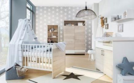 Schardt Komplett Kinderzimmer Clou Oak, 3-tlg.(Kombi-Kinderbett 70x140, Umbauseiten, Wickelkommode mit Wickelaufsatz und Kleiderschrank 2-trg.), teilmassiv, weiß/Halifax Eiche weiß holzfarben Gr. 70 x 140