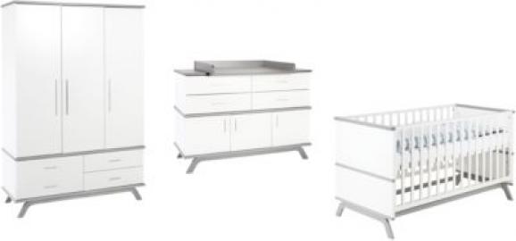 Schardt Komplett Kinderzimmer Vicky, 3-tlg.(Kombi-Kinderbett 70 x 140 cm, Umbauseiten, Wickelkommode mit Wickelaufsatz und Kleiderschrank 3-trg.), weiß lackiert, Texwood grau weiß/grau