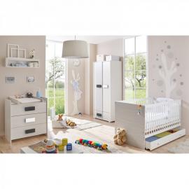 Babyzimmer Komplettset 5-tlg USTER-22 grau meliert mit Babybett mit Schubkasten, Kleiderschrank, Wickelkommode und Wandregal