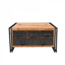 Couchtisch PANAMA-14 90x90x47cm natur mit antikschwarz Shesham gebeizt und geölt mit Altmetall und Gebrauchsspuren