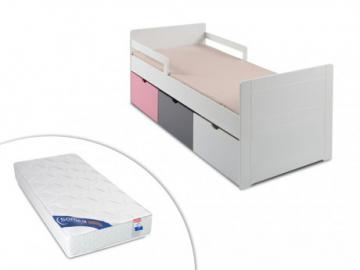 Set Kinderbett mit Schubladen PILOU + Lattenrost + Matratze ZEUS - 90x190cm - Rosa