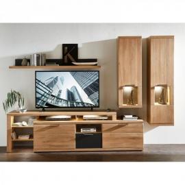 Wohnwand mit LED-Beleuchtung in Wildeiche Bianco BOZEN-36 Massivholz Fronten B/H/T 285x190x48cm