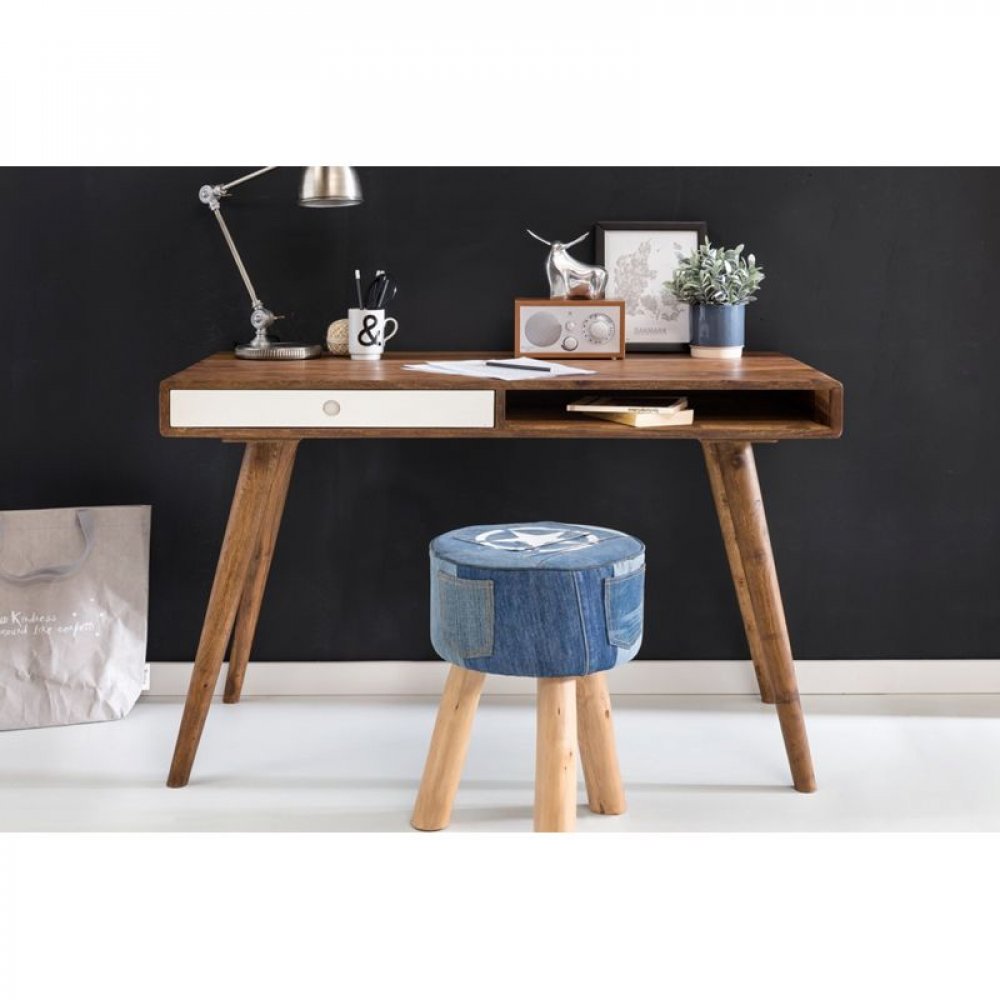 Schreibtisch REPA weiß 120 x 60 x 75 cm Massiv Holz Laptoptisch Sheesham Natur | Landhaus-Stil Arbeitstisch mit 1 Schublade | Bürotisch PC-Tisch