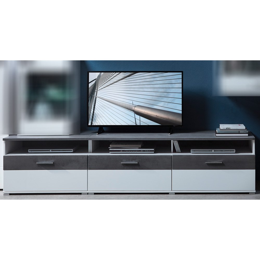 TV Lowboard Fernsehtisch in supermatt weiß, Betonoxid dunkel STAMFORD-36 B/H/T 200x54x54cm